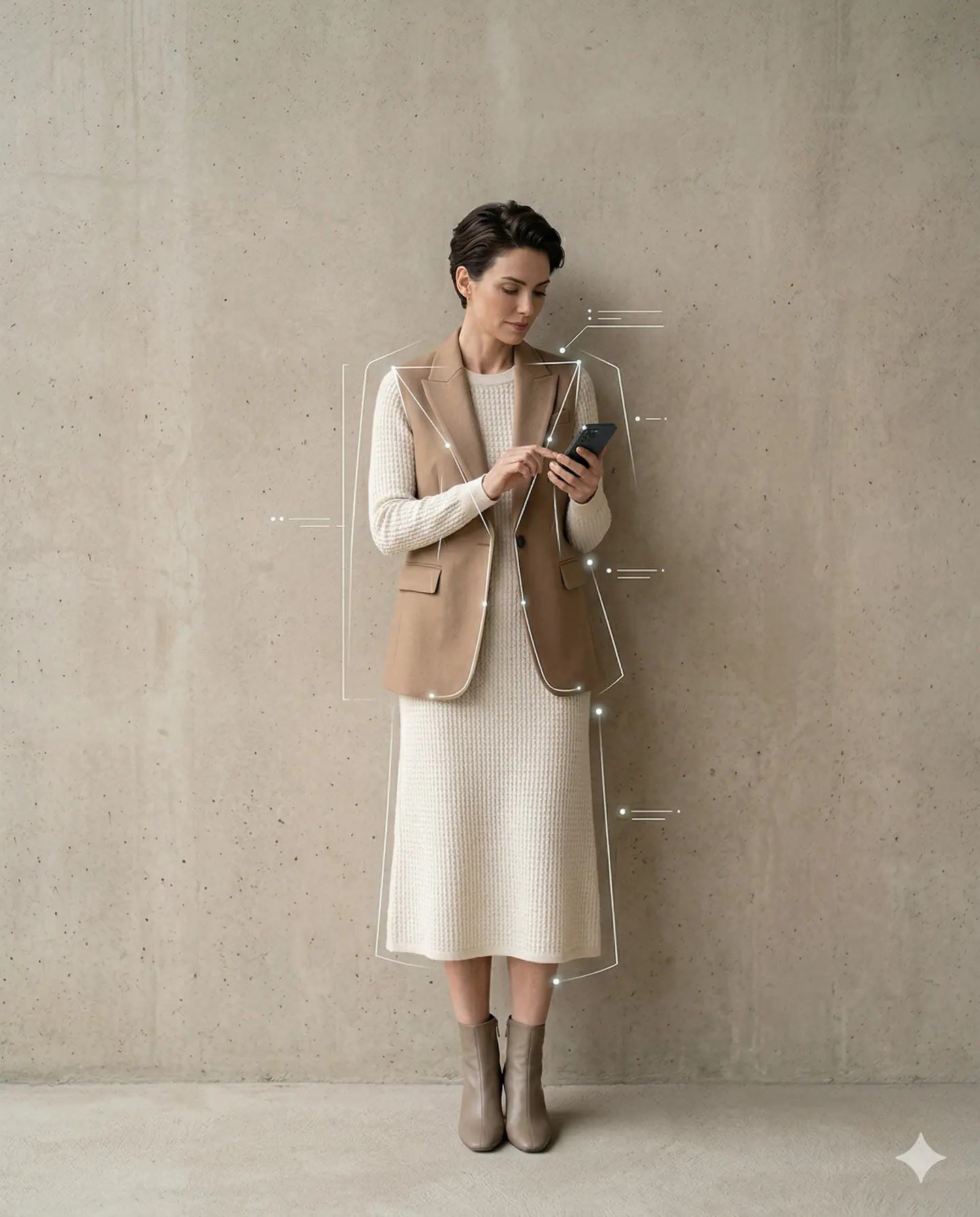 Camel vest layered over a cream knit midi dress with taupe ankle boots — the outfit analysed on this page